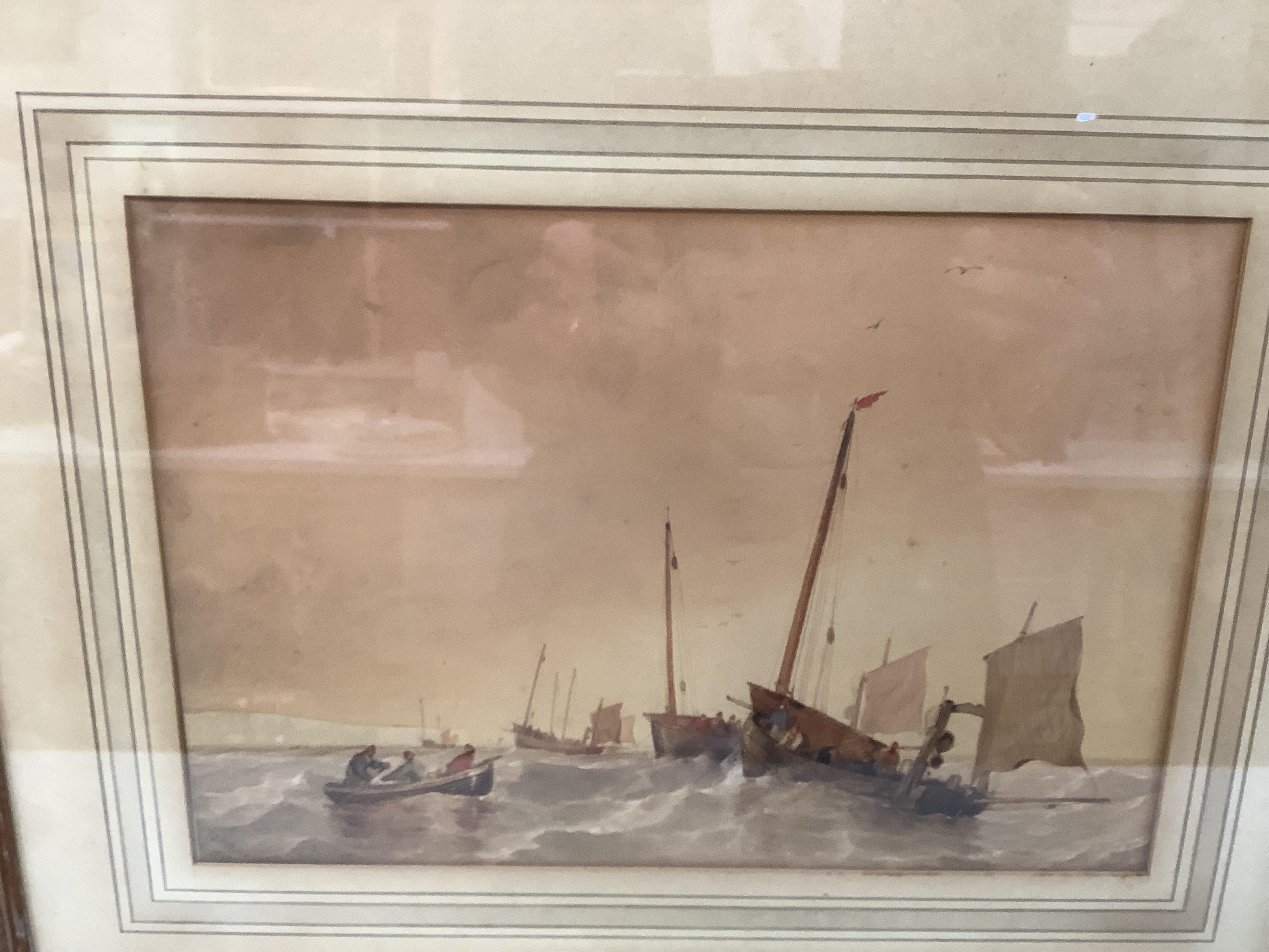 A collection of seven 19th century watercolour paintings to include, by - T.S Robins - ‘’Fishing boats in a choppy sea, signed; C.F. Buckley, 'Dove Dale, Derbyshire’, signed; Hercules Brabazon Brabazon, 'Fishing boats at